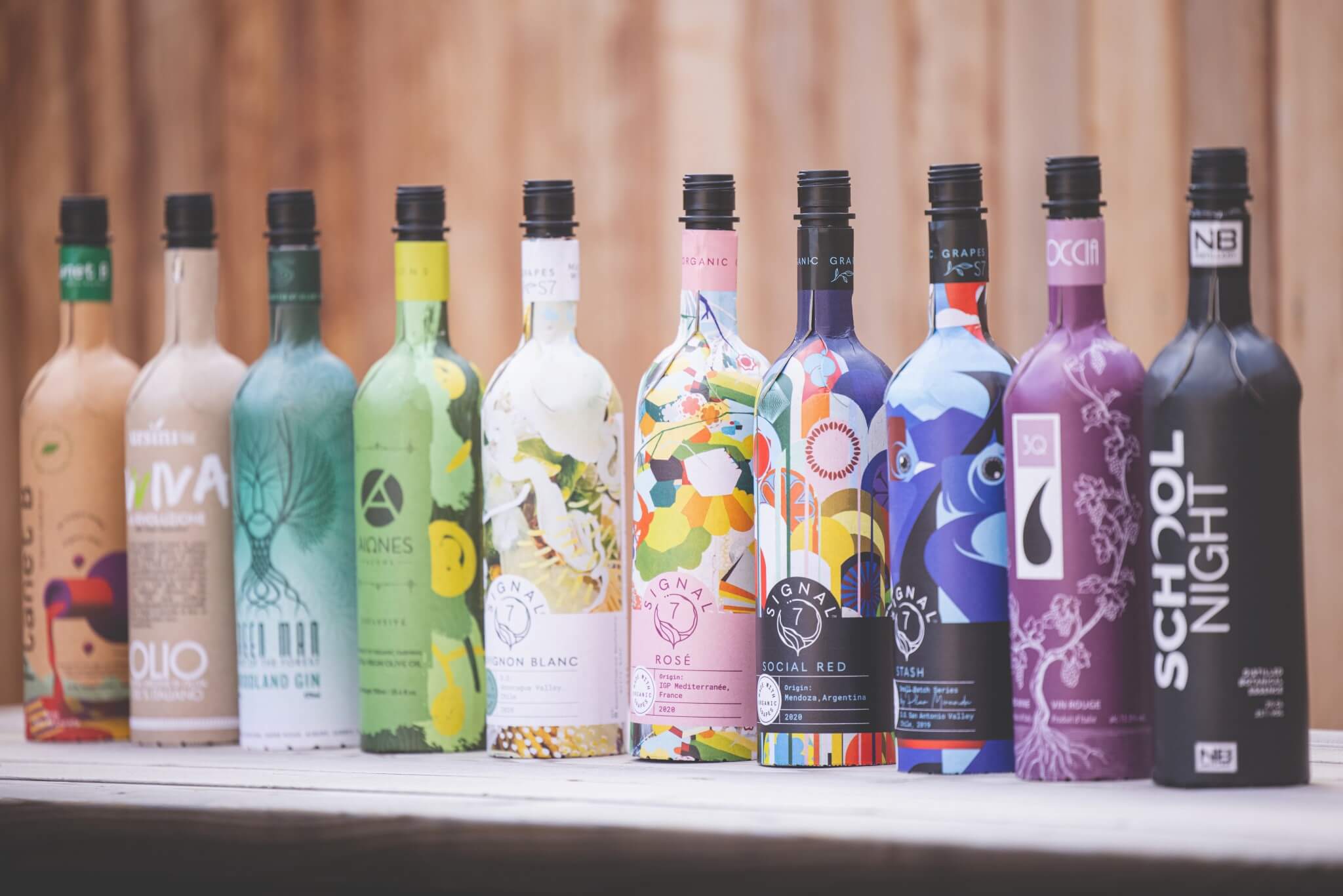 A range of wines, spirits and olive oils from around the world all using the British paper Frugal Bottle